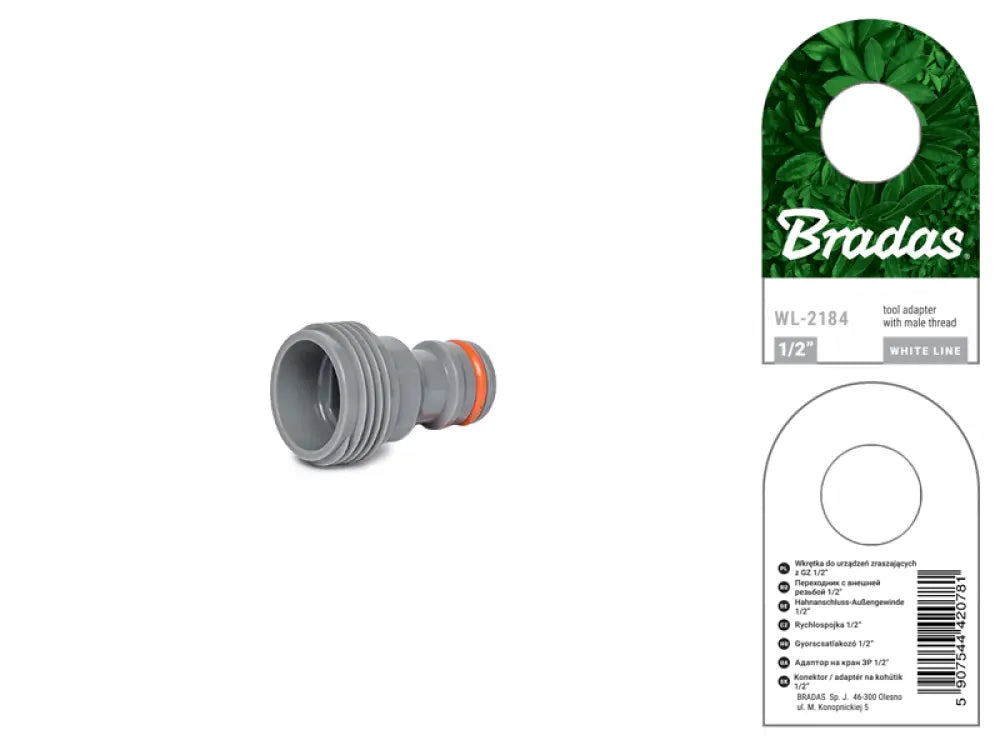 Detailansicht des Bradas WHITE LINE 13 mm (1/2") Hahnadapters mit Außengewinde in Grau.