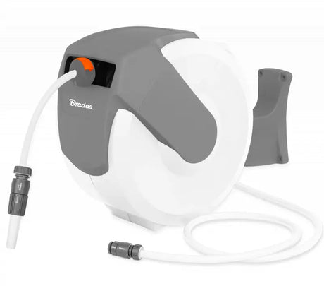 WHITE LINE Wandschlauchbox – Automatisch aufrollbar mit Edelstahlfeder und vielfältigem praktischem Zubehör.