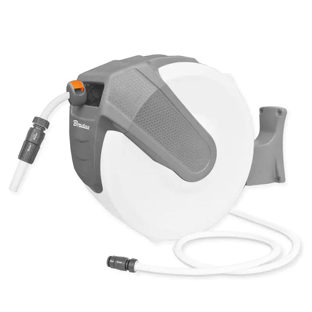 WHITE LINE Wandschlauchbox – Automatisch aufrollbar mit Edelstahlfeder und praktischem Zubehör.