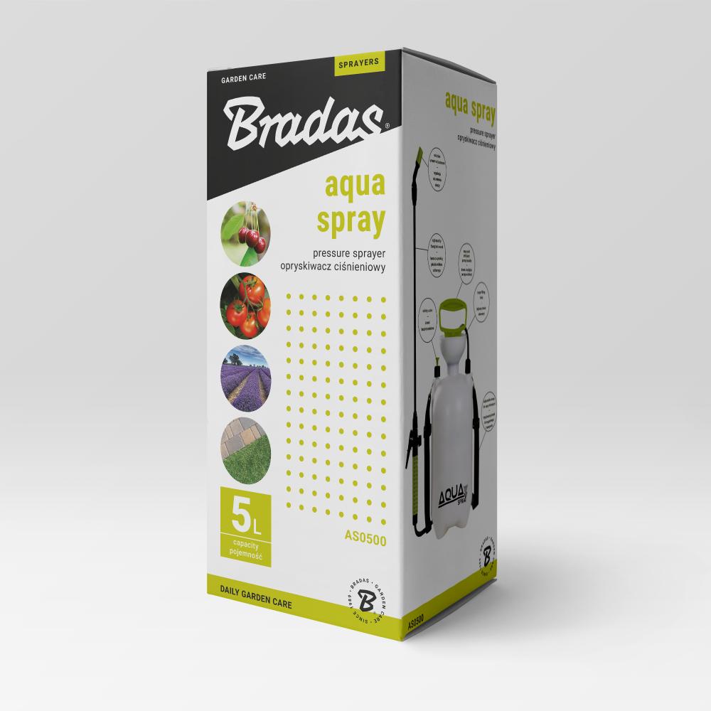 Detailansicht des Bradas AQUA SPRAY 5L Drucksprühers mit transparentem PE-Behälter.