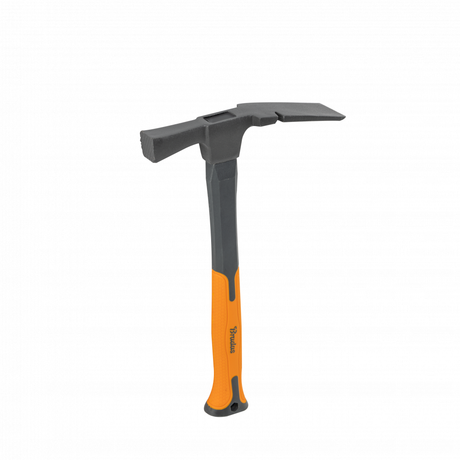 Professioneller Pflasterhammer mit langlebigem Kopf und TPR-Beschichtung für sicheren Halt.
