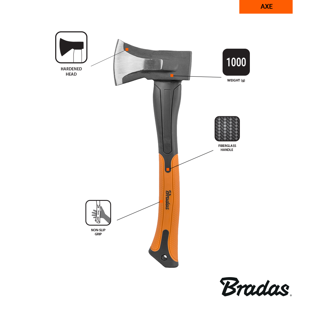 Bradas Spaltbeil mit ergonomischem Design und verstärktem Fiberglasgriff.