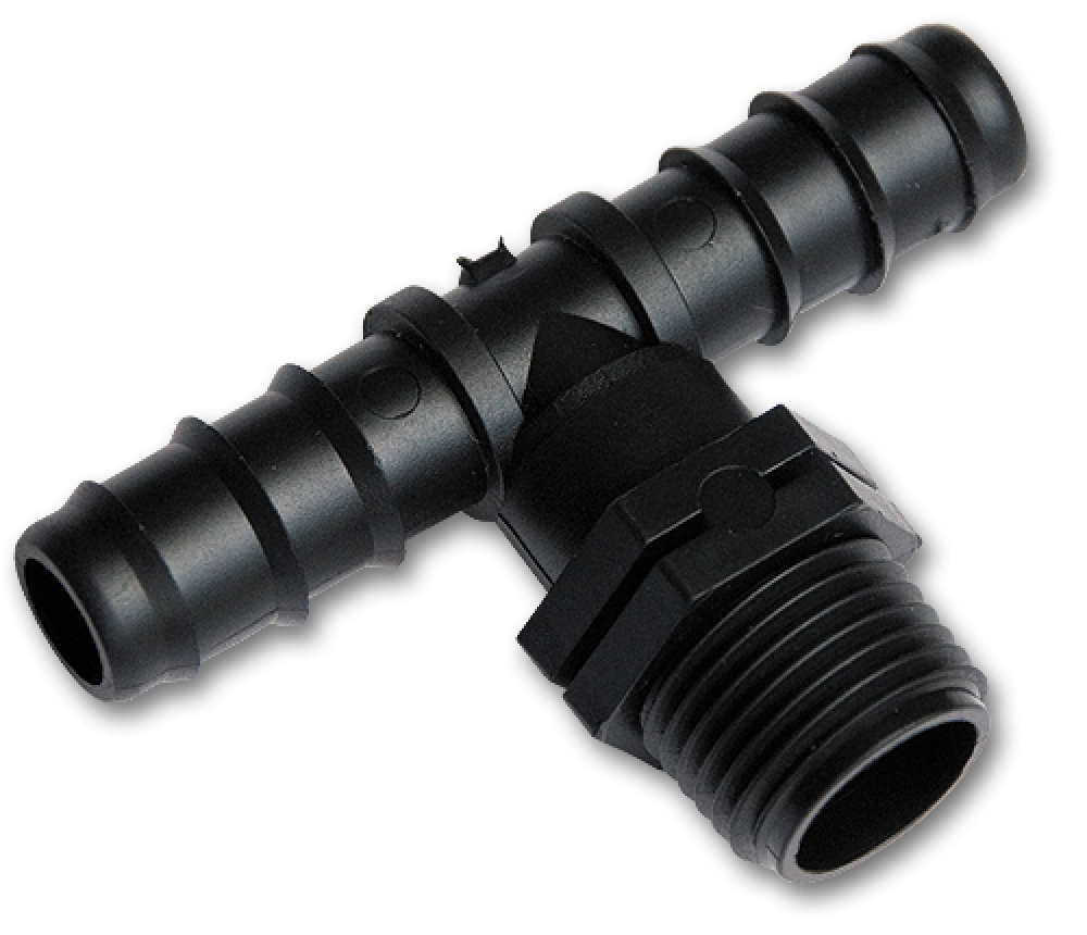Bradas T-Stück 1/2" Außengewinde mit zwei 16 mm Schlauchtüllen für Bewässerungsanschlüsse