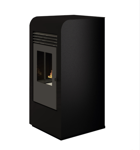 Eva Calor Giada 8,5kW Pelletofen in Schwarz, entwickelt für die effiziente Beheizung von Räumen bis zu 80 m² mit modernem und schlankem Design.