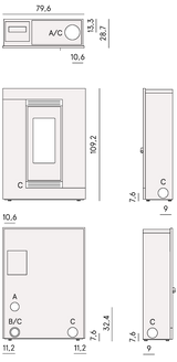 Schwarzer Cadel Luce Plus 8,5 kW Pelletofen mit integrierter Auto-Eco-Funktion und 15 kg Pelletbehälter.