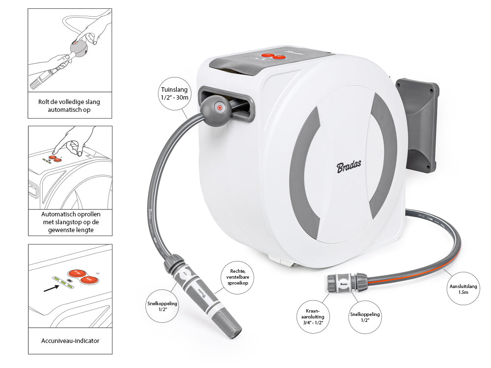 Bradas elektrische slanghaspel met 1/2 inch tuinslang en koppelingen