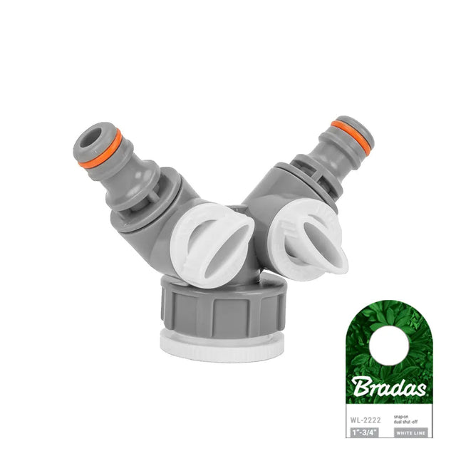 Bradas WHITE LINE T-Stück mit zwei Ventilen zum Anschluss von Bewässerungsschläuchen.