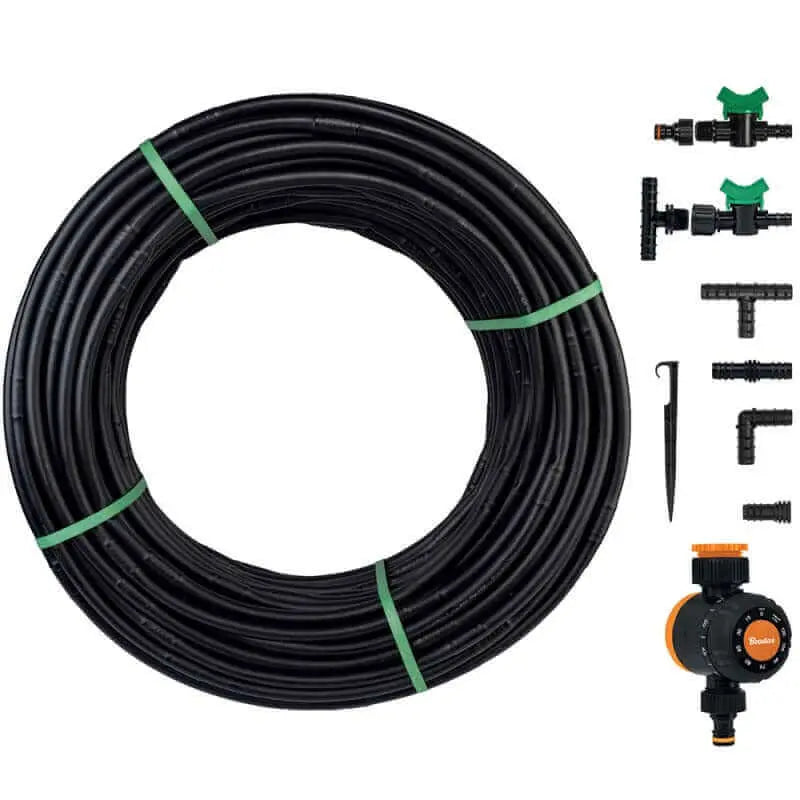 Tropfschlauch mit Zubehör wie Haken, Ventilen und Timer.