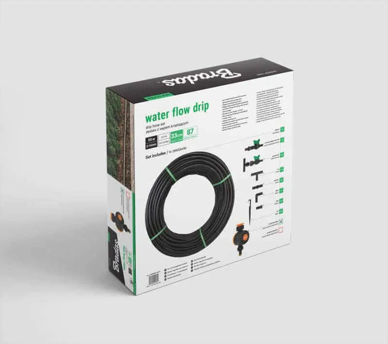 Rückseite des Bradas Tropfschlauchs im Karton. 