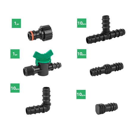 Bradas Zubehörset 16 mm für Tropfrohrleitung | Installatie-shop.nlKomplettset für 16 mm Tropfbewässerung – 42 Teile