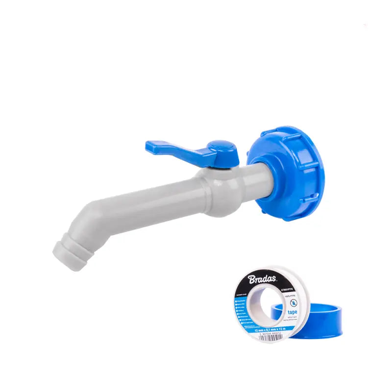 Bradas Set – Weißer PP 45-Grad-Hahn mit IBC S60x6 Adapter für 25 mm Schlauch und PTFE-Dichtband Bradas