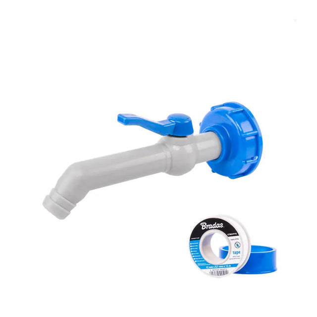 Bradas Set – Weißer PP 45-Grad-Hahn mit IBC S60x6 Adapter für 25 mm Schlauch und PTFE-Dichtband Bradas