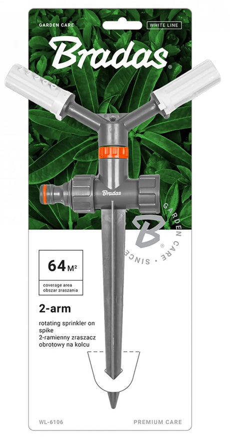 Detailansicht des Bradas WHITE LINE Sprengers mit zwei verstellbaren Armen und stabilem Spike für einen sicheren Stand.