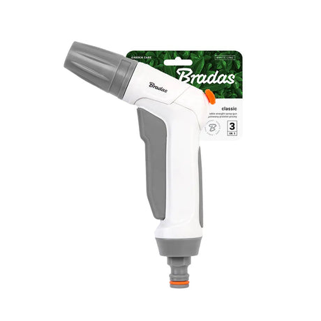 Detailansicht der Bradas WHITE LINE Classic Spritzpistole mit drei einstellbaren Wasserstrahlarten.