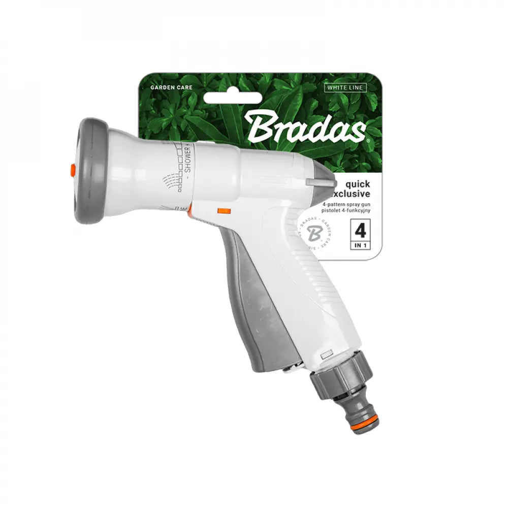 Detailansicht der Bradas WHITE LINE Spritzpistole mit einstellbarem Wasserstrahl und Einhandbedienung.