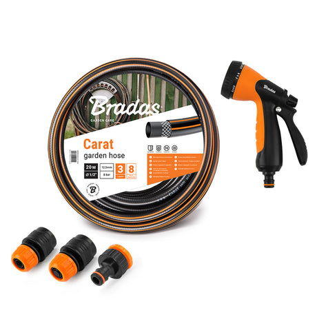 Bradas Carat Gartenschlauch 1/2 Zoll mit Kupplungen und 8-Funktionen Spritzpistole – Komplettset für den Garten.