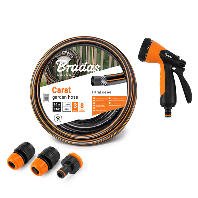 Bradas Carat Gartenschlauch 1/2 Zoll mit Kupplungen und 8-Funktionen Spritzpistole – Komplettset für den Garten.