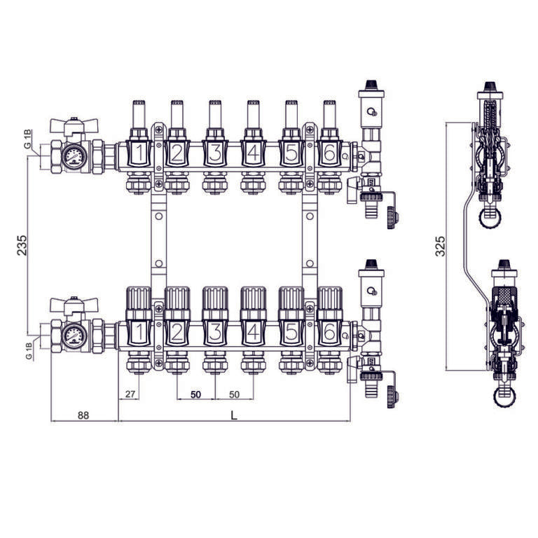 Fußbodenheizungsverteiler mit Thermometern und Absperrventilen