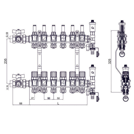 Fußbodenheizungsverteiler mit Thermometern und Absperrventilen