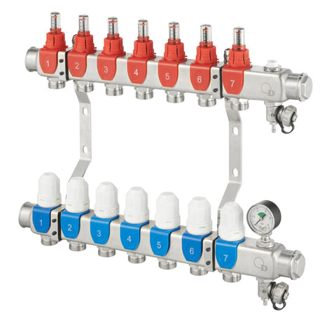 RVS vloerverwarming verdeler met manometer en 8 groepen