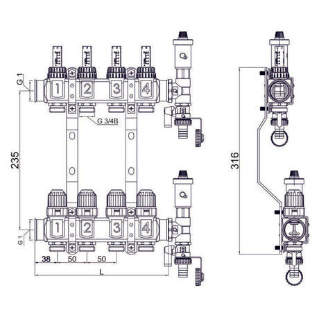 Diamond verdeler compleet met flowmeters en thermostatische ventielen