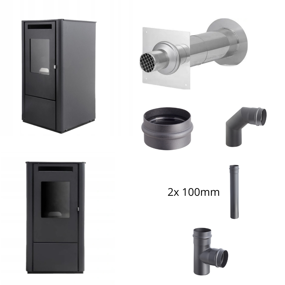 Ferretti Milano 9 kW Pelletofen – EWG-80 Wanddurchführung + Darco SPKP Ø80 (2×1 m, 90° Bogen, T-Stück, Kondensatablauf) 