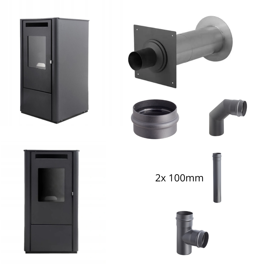 Ferretti Milano 9 kW Pelletofen – EWG-80 Wanddurchführung (schwarz) + Darco SPKP Ø80 (2×1 m, 90° Bogen, T-Stück, Kondensatablass) 