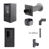 Ferretti Milano 9 kW Pelletofen – EWG-80 Wanddurchführung (schwarz) + Darco SPKP Ø80 (2×1 m, 90° Bogen, T-Stück, Kondensatablass) 