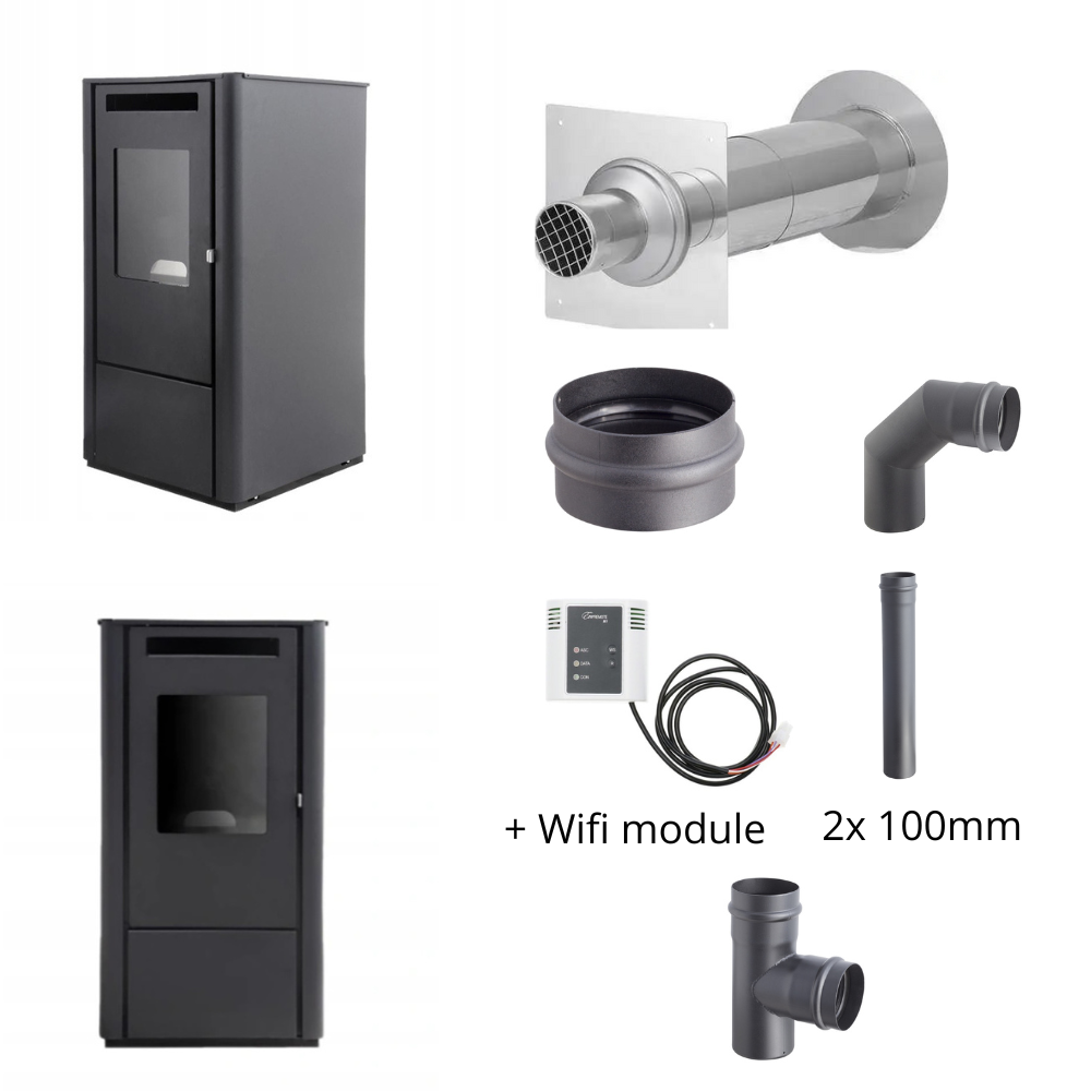 Ferretti Milano 9 kW Schwarz + Duepi Wi-Fi – Wanddurchführung Holetherm EWG-80 & Darco SPKP Ø80 (2×1 m, 90° Bogen, T-Stück, Kondensat) 