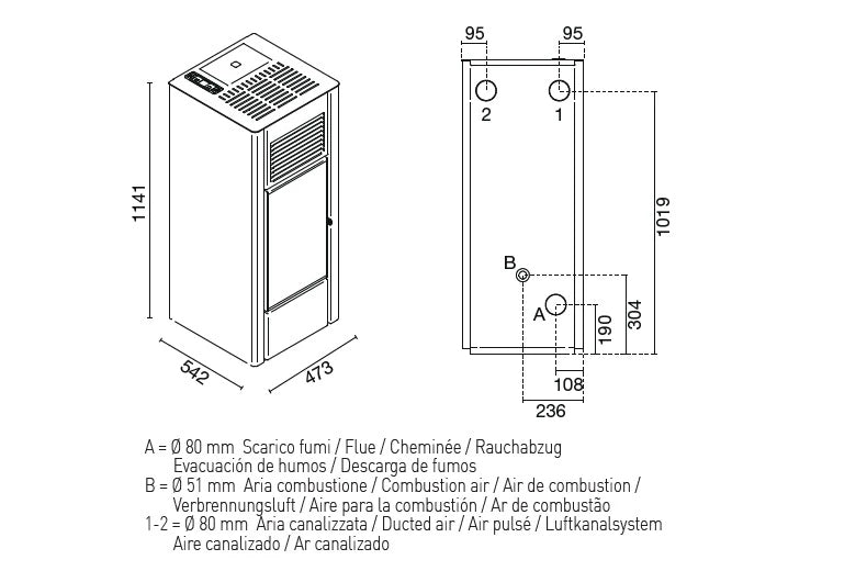 Pelletöfen Giusy mit flexiblem Rauch- und Luftzufuhrkanal, sicher zu installieren dank drei Heizungsanschlüssen für maximalen Komfort.